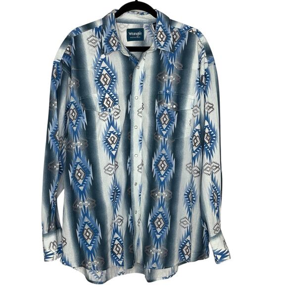 Vintage Wrangler Shirt Mens 2XL XXL Blue Short Sleeve Pearl Snap Aztec Southwest - Picture 1 of 7